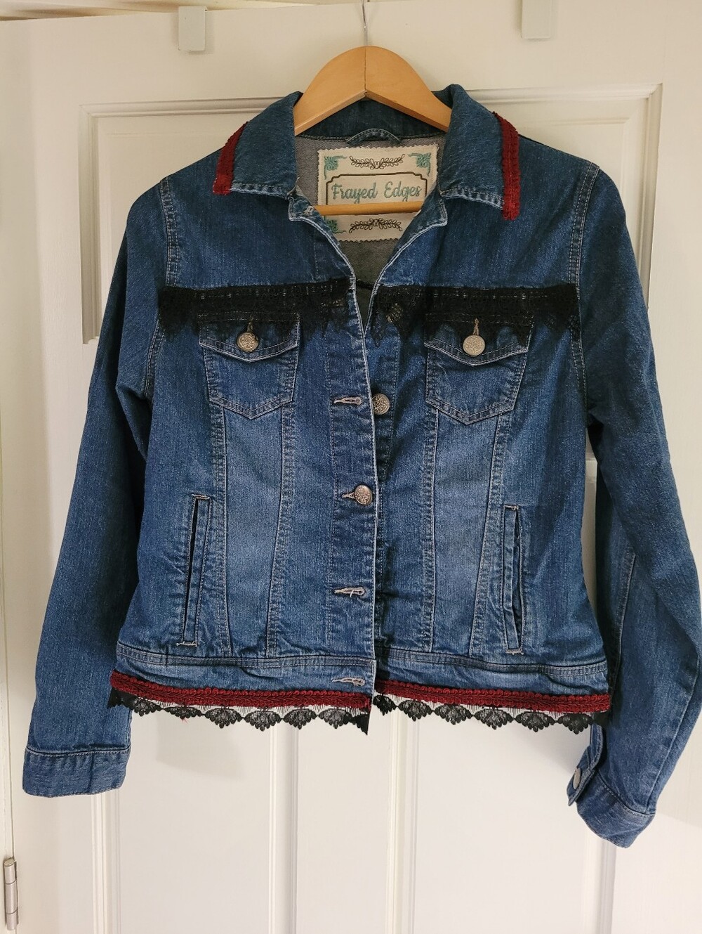 FRAYED EDGES Women's Blue Denim Jacket with Decorative Trim/Embelishment